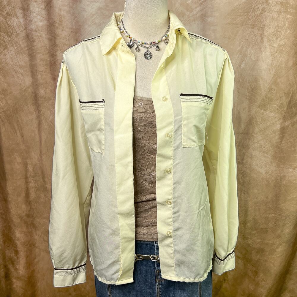 Vintage 70s Polyester Shirt Pastel Yellow Button Up Top Embroidered Pockets